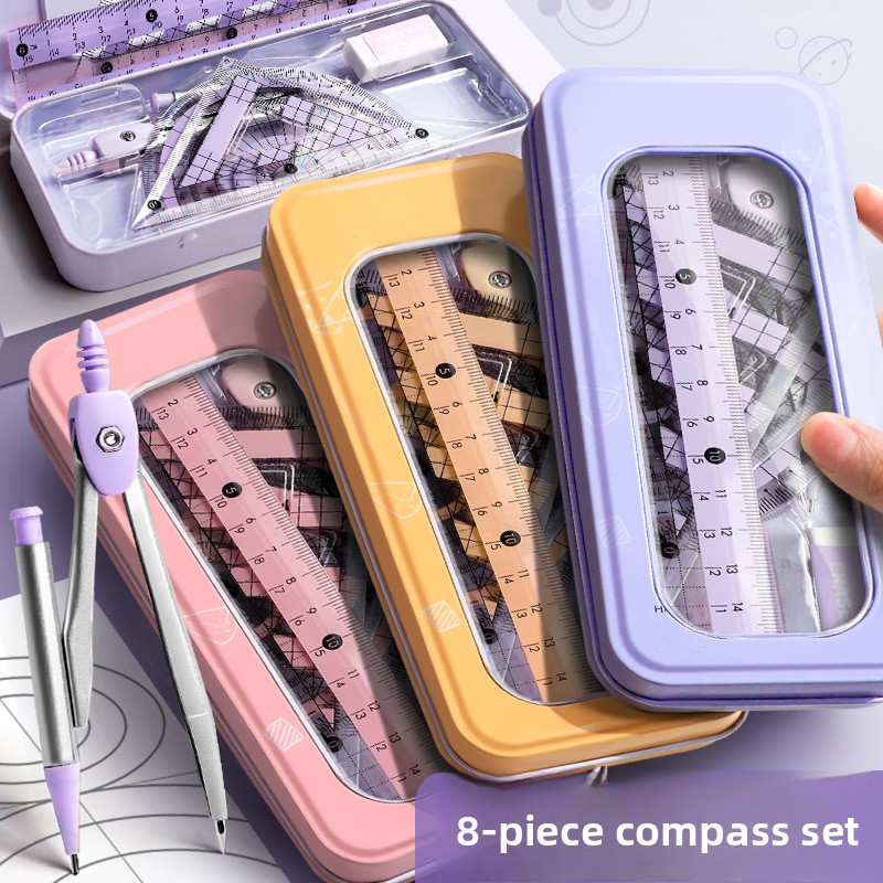 Math Geometry Set With Compass - 8-teiliges Geometrie-Set für Schüler, Mathematik-Zirkel, Winkelmesser,