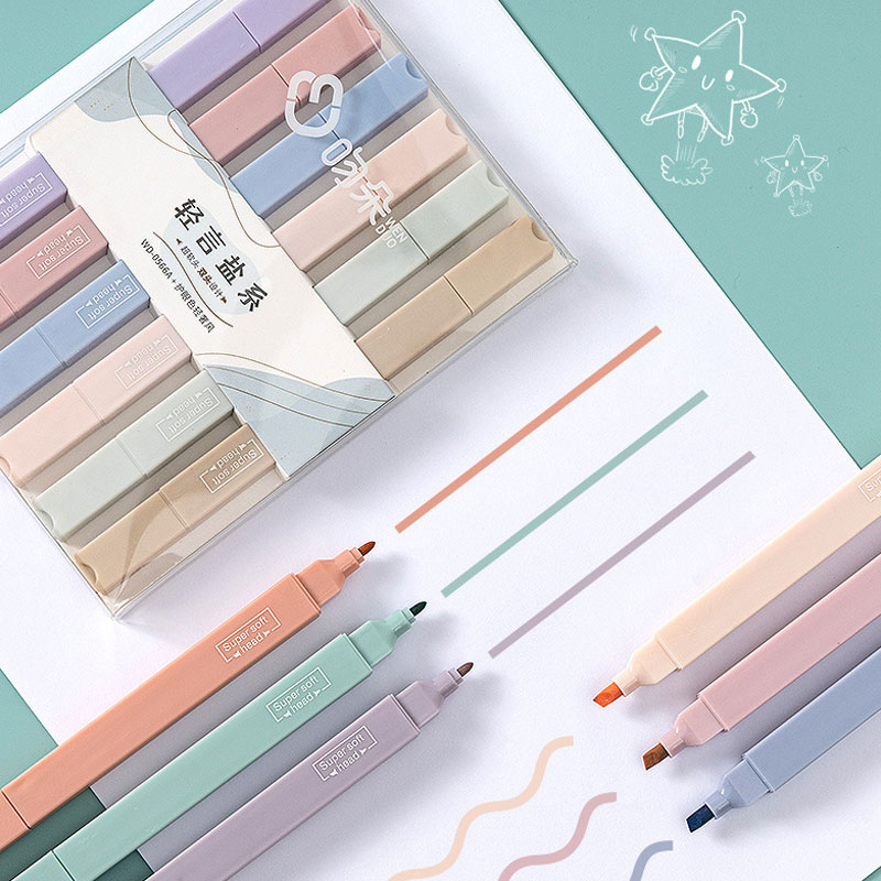 Pastel Highlighter Set Double Ended - 6-teiliges doppelseitiges Textmarker-Set, Kawaii-farbige Manga-Marker, pastellfarbenes